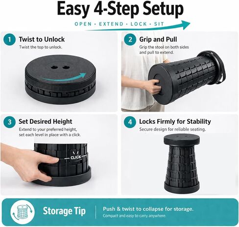 Telescoping Folding Camping Stool, Portable Adjustable Height Outdoor Chair, 1-Second Setup, Compact Lightweight for Camping, Fishing, Hiking(Deep Black) in Saudi Arabia