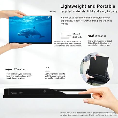شاشة PJGCWB محمولة مقاس 14 بوصة 1366*768 HD USB-C HDMI شاشة خارجية ثانية لأجهزة الكمبيوتر المحمول والكمبيوتر الشخصي وهواتف Mac وPS وXbox وSwich وIPS شاشة ألعاب رفيعة للغاية بدون إطار in Kuwait