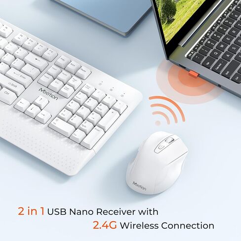 لوحة مفاتيح وماوس لاسلكيين من MEETION باللون الأبيض، توصيل وتشغيل جهاز استقبال USB 2.4G، لوحة مفاتيح كمبيوتر مع دعم المعصم، ماوس 3 مستويات DPI، بطارية طويلة الأمد للكمبيوتر الشخصي/Mac/Windows/الكمبيوتر المحمول، أبيض in Kuwait