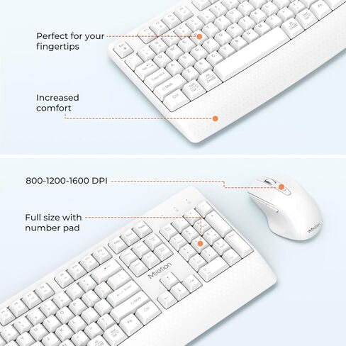 لوحة مفاتيح وماوس لاسلكيين من MEETION باللون الأبيض، توصيل وتشغيل جهاز استقبال USB 2.4G، لوحة مفاتيح كمبيوتر مع دعم المعصم، ماوس 3 مستويات DPI، بطارية طويلة الأمد للكمبيوتر الشخصي/Mac/Windows/الكمبيوتر المحمول، أبيض in Kuwait