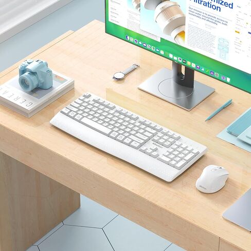لوحة مفاتيح وماوس لاسلكيين من MEETION باللون الأبيض، توصيل وتشغيل جهاز استقبال USB 2.4G، لوحة مفاتيح كمبيوتر مع دعم المعصم، ماوس 3 مستويات DPI، بطارية طويلة الأمد للكمبيوتر الشخصي/Mac/Windows/الكمبيوتر المحمول، أبيض in Kuwait