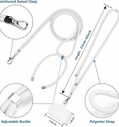 Phone Lanyard + Wrist Strap, 1PCS Adjustable Length Cell Phone Lanyard with 1Tether Tabs for iPhone,Smartphones white in Kuwait