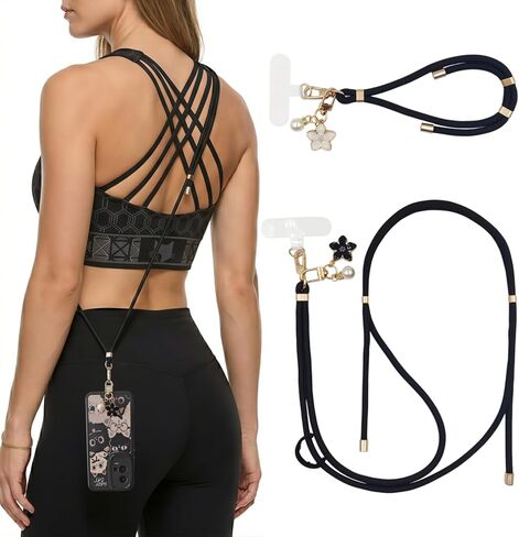 2 Pack Adjustable Crossbody Neck Phone Lanyard + Wrist Strap with 2pcs Tabs and 2pcs Flower & Pearl Pendant, Anti Drop, Anti Theft, Universal Phone Strap for iPhone and Android Smartphones in Kuwait