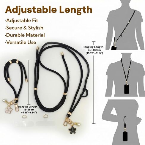 2 Pack Adjustable Crossbody Neck Phone Lanyard + Wrist Strap with 2pcs Tabs and 2pcs Flower & Pearl Pendant, Anti Drop, Anti Theft, Universal Phone Strap for iPhone and Android Smartphones in Kuwait