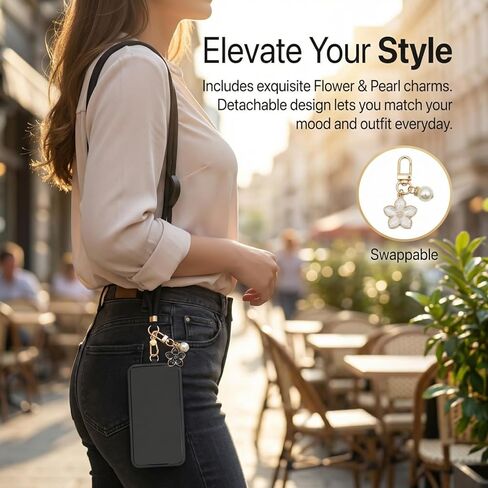 2 Pack Adjustable Crossbody Neck Phone Lanyard + Wrist Strap with 2pcs Tabs and 2pcs Flower & Pearl Pendant, Anti Drop, Anti Theft, Universal Phone Strap for iPhone and Android Smartphones in Kuwait