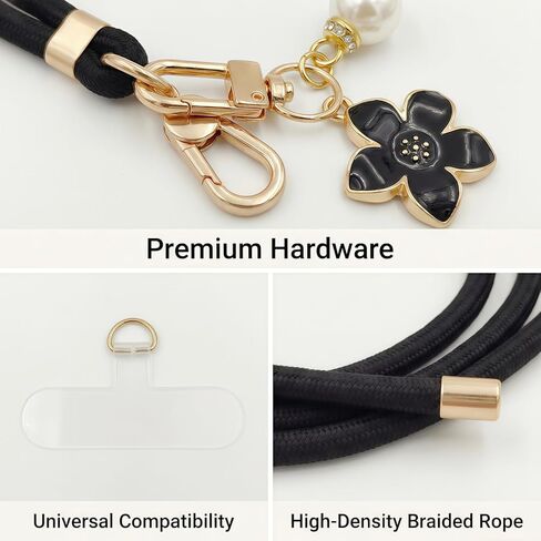 2 Pack Adjustable Crossbody Neck Phone Lanyard + Wrist Strap with 2pcs Tabs and 2pcs Flower & Pearl Pendant, Anti Drop, Anti Theft, Universal Phone Strap for iPhone and Android Smartphones in Kuwait