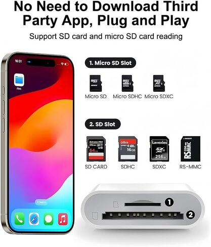 قارئ بطاقات USB C SD، محول بطاقة من النوع C مع فتحات SD TF مزدوجة، عارض كاميرا Trail، التوصيل والتشغيل، متوافق مع iPhone، iPad، Android، أبيض in Kuwait