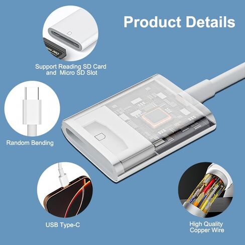 قارئ بطاقات USB C SD، محول بطاقة من النوع C مع فتحات SD TF مزدوجة، عارض كاميرا Trail، التوصيل والتشغيل، متوافق مع iPhone، iPad، Android، أبيض in Kuwait