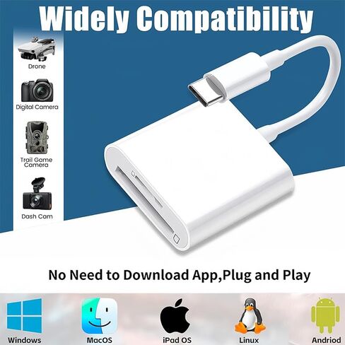 قارئ بطاقات USB C SD، محول بطاقة من النوع C مع فتحات SD TF مزدوجة، عارض كاميرا Trail، التوصيل والتشغيل، متوافق مع iPhone، iPad، Android، أبيض in Kuwait