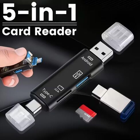 3-in-1 Card Reader with USB Type-C, Micro USB, and USB-A, TF Card Compatible, Compact Black Design in Kuwait