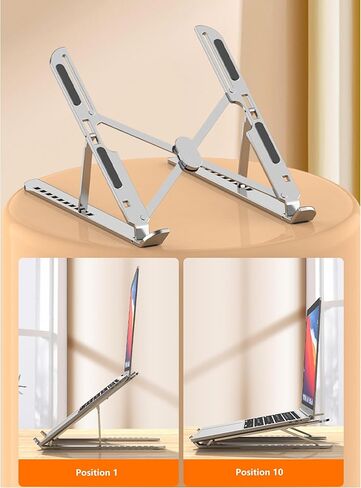 10 Positions Adjustable Aluminum Alloy Laptop Stand, Foldable Portable Holder with Hollow Heat Dissipation & Non-Slip Silicone, Collapsible Ergonomic for 17.3 Inch Below Laptops/Tablets (Silver) in Kuwait