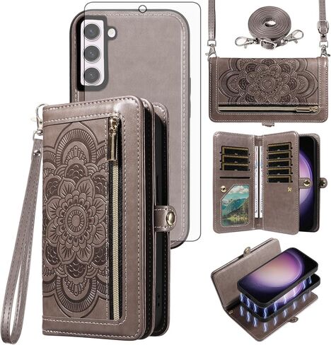 حافظة هاتف Asuwish لهاتف Samsung Galaxy S23 5G مزودة بسحاب وغطاء خلوي قابل للفصل مع واقي شاشة من الزجاج المقسى وحزام كروس حامل بطاقة زهرة S 23 23S GS23 G5 SM-S911U 6.1 بوصة للنساء رمادي in Kuwait