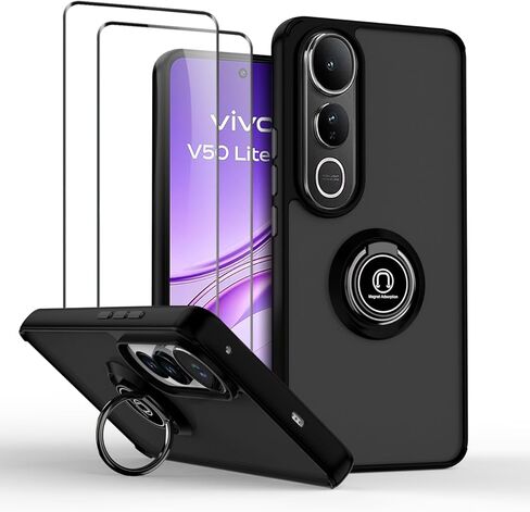حافظة QUIETIP متوافقة مع هاتف vivo V50 Lite مع واقي شاشة، TPU + غطاء حامل مثبت على السيارة بحلقة مغناطيسية صلبة من البولي كربونات، أسود in Kuwait