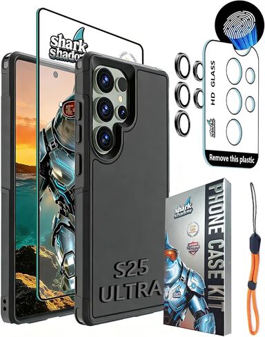 shark shadow 4 in 1 Rugged Phone Case Set for Samsung S Series, Shockproof Design [Military-Grade] with HD Screen Protector, Lens Protector, and Wrist Strap - S24 Ultra Black in Kuwait