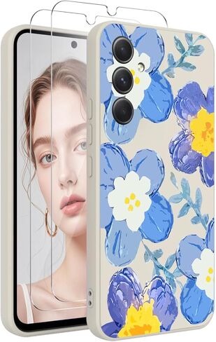 for Galaxy A17 5G with 2 PCS Screen Protectors,Soft Liquid Silicone Anti-Scratch Protective Shockproof Florals Cover Girls Women Samsung Galaxy A17 (Floral/Colorful, Galaxy A17 5G) in Kuwait