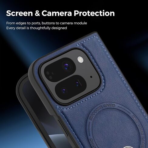 حافظة مغناطيسية لهاتف Google Pixel 9 Pro قابلة للطي مع حامل معدني غير مرئي، [متوافقة مع Magsafe] حافظة جلدية فاخرة نحيفة مضادة للانزلاق ومضادة للصدمات بدرجة ميل، أزرق in Kuwait