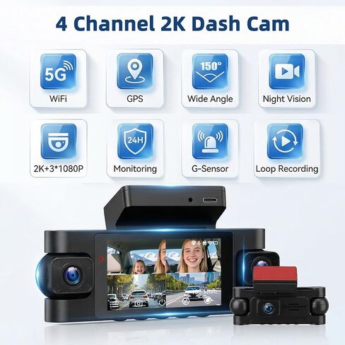 360° 4 Channel Dash Cam for Cars, 2K +1080P*3 Full HD Protection On-Dash Camera with GPS, 5GHz WiFi & App Control, Wide Angle, Night Vision, 24H Monitoring, G-Sensor, Loop Recording, Reversing Cam in Kuwait