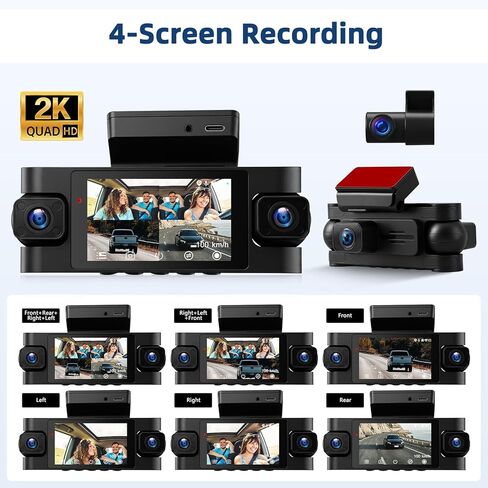 360° 4 Channel Dash Cam for Cars, 2K +1080P*3 Full HD Protection On-Dash Camera with GPS, 5GHz WiFi & App Control, Wide Angle, Night Vision, 24H Monitoring, G-Sensor, Loop Recording, Reversing Cam in Kuwait