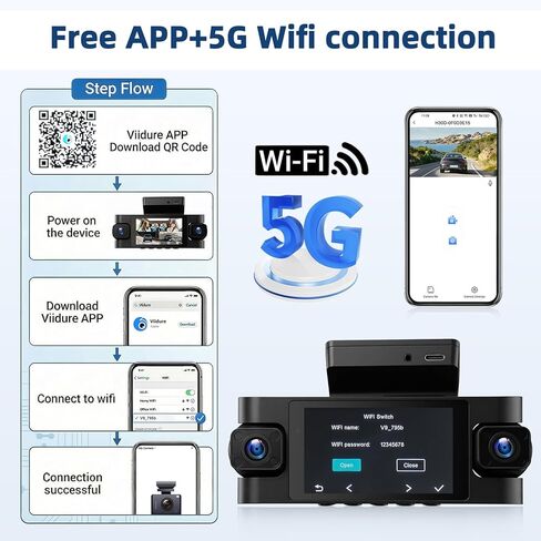 360° 4 Channel Dash Cam for Cars, 2K +1080P*3 Full HD Protection On-Dash Camera with GPS, 5GHz WiFi & App Control, Wide Angle, Night Vision, 24H Monitoring, G-Sensor, Loop Recording, Reversing Cam in Kuwait