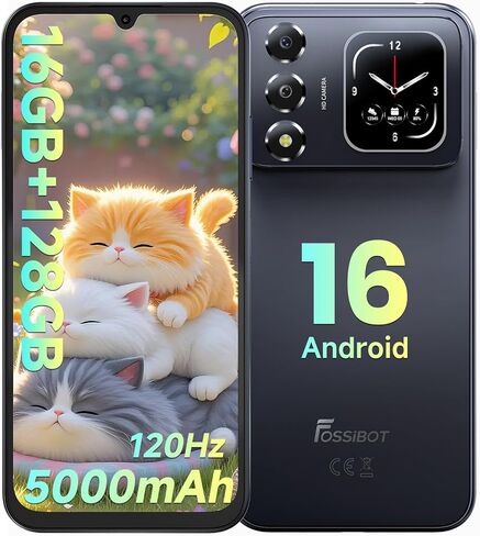 هواتف محمولة FOSSIBOT S7 Android 16، 16 جيجابايت + 128 جيجابايت + 2 تيرابايت هاتف غير مقفل، شاشة 6.9 بوصة FHD 120 هرتز هواتف ذكية مزدوجة الشاشة، بطارية 5000 مللي أمبير في الساعة، هاتف محمول 4G ثنائي الشريحة، Gemini Al/GPS/Face ID (2026 أسود) in Kuwait