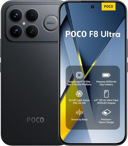 XIAOMI Poco F8 Ultra 5G Ai (متوافق مع Tmobile Mint Tello & Global) (256 جيجابايت + 12 جيجابايت) Ai 2K 6.9 بوصة Bose Sound 50MP Gamers Phone NFC ثنائي الشريحة غير مقفل موديل 2510DPC44G (أسود) in Kuwait