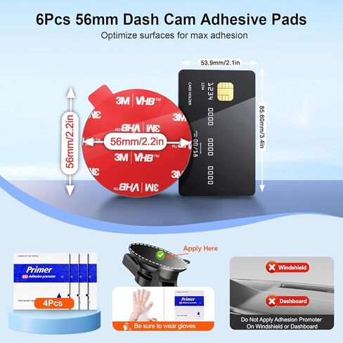لاصق مزدوج الجوانب لكاميرا Dash Cam: 6 قطع شريط لاصق مقاوم للحرارة 56 مم لتركيب Dashcam - ملصق بديل للتثبيت 3M VHB لنافذة الزجاج الأمامي لكاميرا السيارة مع 4 مروج التصاق in Kuwait