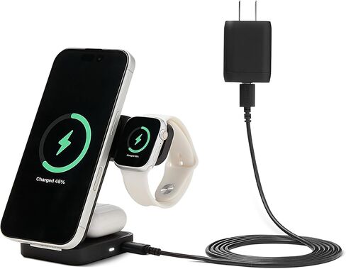 Amazon Basics MagSafe Compatible 25W Fast Charging Qi2.2 Certified 3-in-1 Wireless Charging Station, Foldable Stand for iPhone 17/16/15/14/13/12, Apple Watch, AirPods, with 45W Adapter, Black in Kuwait