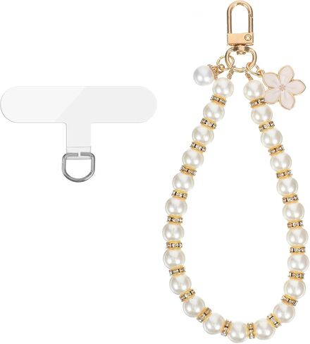 Pearl Phone Strap, Detachable Beaded Cell Phone Wrist Strap, Lanyard Wristlet Keychain Charms for Women - Cute Beaded Chain Bracelet with Clear Tether Tabs in Kuwait