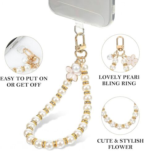 Pearl Phone Strap, Detachable Beaded Cell Phone Wrist Strap, Lanyard Wristlet Keychain Charms for Women - Cute Beaded Chain Bracelet with Clear Tether Tabs in Kuwait