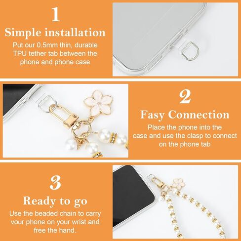Pearl Phone Strap, Detachable Beaded Cell Phone Wrist Strap, Lanyard Wristlet Keychain Charms for Women - Cute Beaded Chain Bracelet with Clear Tether Tabs in Kuwait