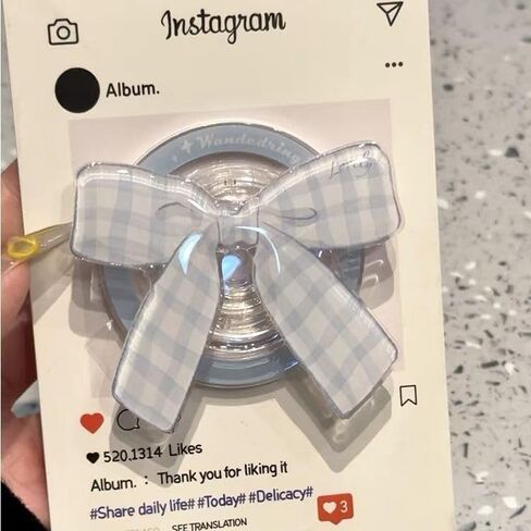 1 Pack Magnetic Phone Grip Blue Plaid Bow Acrylic Cute Foldable Stand for Selfies Birthday Gift for Women Girls Compatible with MagSafe Phone in Kuwait