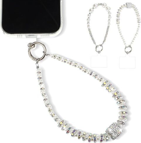 TIESOME 2Pcs Beaded Phone Charm Wrist Strap, Pearl Rhinestone Cell Phone Wrist Strap with Tether Tab Detachable Hands-Free Phone Chain Wristlet for Most Smartphones in Kuwait