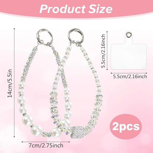 TIESOME 2Pcs Beaded Phone Charm Wrist Strap, Pearl Rhinestone Cell Phone Wrist Strap with Tether Tab Detachable Hands-Free Phone Chain Wristlet for Most Smartphones in Kuwait