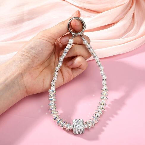TIESOME 2Pcs Beaded Phone Charm Wrist Strap, Pearl Rhinestone Cell Phone Wrist Strap with Tether Tab Detachable Hands-Free Phone Chain Wristlet for Most Smartphones in Kuwait