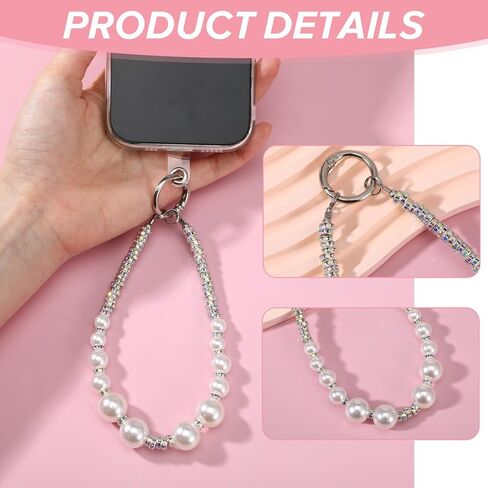 TIESOME 2Pcs Beaded Phone Charm Wrist Strap, Pearl Rhinestone Cell Phone Wrist Strap with Tether Tab Detachable Hands-Free Phone Chain Wristlet for Most Smartphones in Kuwait