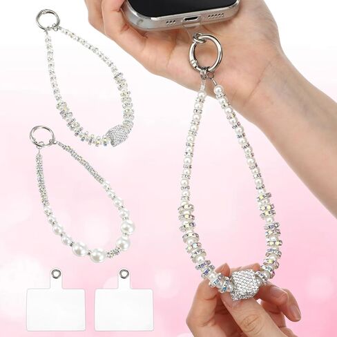 TIESOME 2Pcs Beaded Phone Charm Wrist Strap, Pearl Rhinestone Cell Phone Wrist Strap with Tether Tab Detachable Hands-Free Phone Chain Wristlet for Most Smartphones in Kuwait