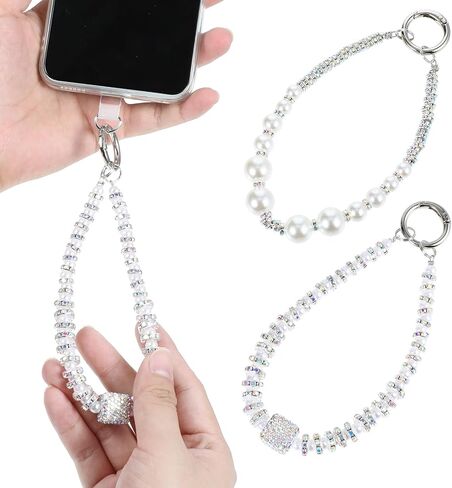 2 Pack Phone Wrist Strap, Pearl Beaded Phone Charm, Hands-Free Wristlet Bracelet, Detachable with Tether Tab in Kuwait