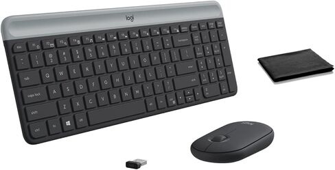 مجموعة لوحة مفاتيح وماوس لاسلكية رفيعة من Logitech MK470 - مفاتيح مقصية هادئة، تصميم كامل الحجم منخفض الحجم، جهاز استقبال نانو 2.4 جيجا هرتز، بطارية 36 شهرًا، كمبيوتر محمول يعمل بنظام Windows - أسود/رمادي، يشمل القماش in Kuwait