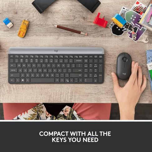 مجموعة لوحة مفاتيح وماوس لاسلكية رفيعة من Logitech MK470 - مفاتيح مقصية هادئة، تصميم كامل الحجم منخفض الحجم، جهاز استقبال نانو 2.4 جيجا هرتز، بطارية 36 شهرًا، كمبيوتر محمول يعمل بنظام Windows - أسود/رمادي، يشمل القماش in Kuwait