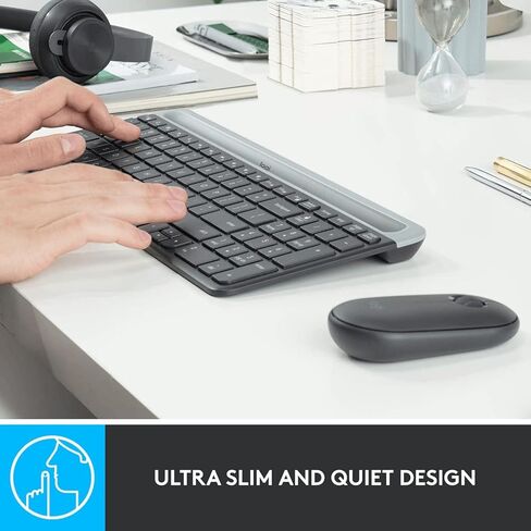 مجموعة لوحة مفاتيح وماوس لاسلكية رفيعة من Logitech MK470 - مفاتيح مقصية هادئة، تصميم كامل الحجم منخفض الحجم، جهاز استقبال نانو 2.4 جيجا هرتز، بطارية 36 شهرًا، كمبيوتر محمول يعمل بنظام Windows - أسود/رمادي، يشمل القماش in Kuwait
