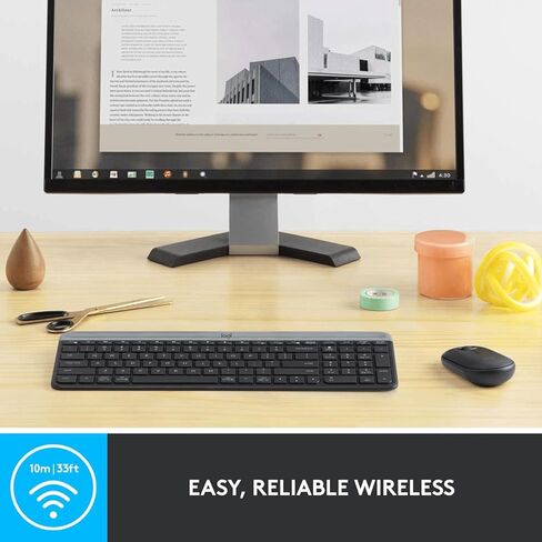 مجموعة لوحة مفاتيح وماوس لاسلكية رفيعة من Logitech MK470 - مفاتيح مقصية هادئة، تصميم كامل الحجم منخفض الحجم، جهاز استقبال نانو 2.4 جيجا هرتز، بطارية 36 شهرًا، كمبيوتر محمول يعمل بنظام Windows - أسود/رمادي، يشمل القماش in Kuwait