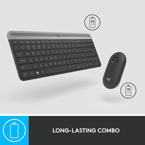 مجموعة لوحة مفاتيح وماوس لاسلكية رفيعة من Logitech MK470 - مفاتيح مقصية هادئة، تصميم كامل الحجم منخفض الحجم، جهاز استقبال نانو 2.4 جيجا هرتز، بطارية 36 شهرًا، كمبيوتر محمول يعمل بنظام Windows - أسود/رمادي، يشمل القماش in Kuwait