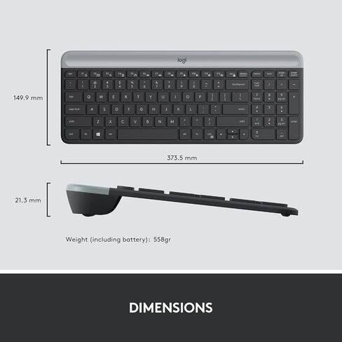مجموعة لوحة مفاتيح وماوس لاسلكية رفيعة من Logitech MK470 - مفاتيح مقصية هادئة، تصميم كامل الحجم منخفض الحجم، جهاز استقبال نانو 2.4 جيجا هرتز، بطارية 36 شهرًا، كمبيوتر محمول يعمل بنظام Windows - أسود/رمادي، يشمل القماش in Kuwait
