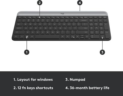 مجموعة لوحة مفاتيح وماوس لاسلكية رفيعة من Logitech MK470 - مفاتيح مقصية هادئة، تصميم كامل الحجم منخفض الحجم، جهاز استقبال نانو 2.4 جيجا هرتز، بطارية 36 شهرًا، كمبيوتر محمول يعمل بنظام Windows - أسود/رمادي، يشمل القماش in Kuwait