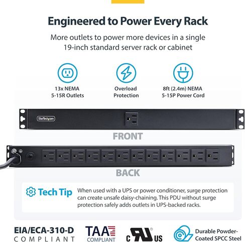 StarTech 13-Outlet Rackmount PDU, 1U Server Power Strip, 1x Front and 12x Rear Ports, Mounted Power Distribution Unit in Kuwait