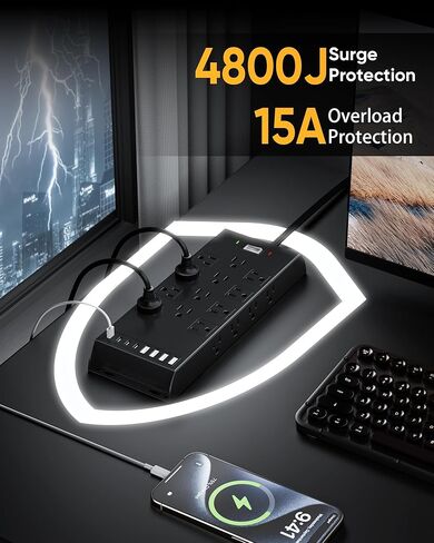 شريط طاقة Kakyanill 4800J للحماية من زيادة التيار، سلك تمديد بطول 10 أقدام، 20 منفذ تيار متردد، 8 محطات شحن USB، يمكن تثبيته على الحائط لورشة العمل المكتبية in Kuwait