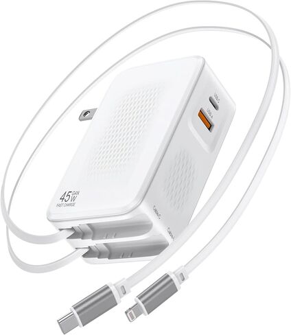 شاحن حائط USB C بقدرة 45 واط، شاحن 4 في 1 قابل للسحب مع كابلات مزدوجة، كتلة شحن سريعة PD+QC، قابس قابل للطي لهاتف iPhone 17 16 15 iPad Samsung Pixel، أساسيات السفر in Kuwait