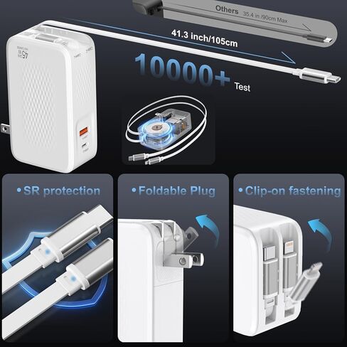 شاحن حائط USB C بقدرة 45 واط، شاحن 4 في 1 قابل للسحب مع كابلات مزدوجة، كتلة شحن سريعة PD+QC، قابس قابل للطي لهاتف iPhone 17 16 15 iPad Samsung Pixel، أساسيات السفر in Kuwait