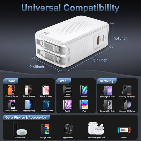 شاحن حائط USB C بقدرة 45 واط، شاحن 4 في 1 قابل للسحب مع كابلات مزدوجة، كتلة شحن سريعة PD+QC، قابس قابل للطي لهاتف iPhone 17 16 15 iPad Samsung Pixel، أساسيات السفر in Kuwait