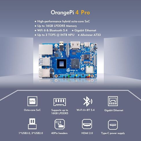 Orange Pi 4 Pro 4GB/6GB/8GB/12GB LPDDR5 Allwinner A733 3 Tops NPU 8-Core كمبيوتر لوحي واحد مع مقبس eMMC، WiFi 6/Bluetooth 5.4، لوحة تطوير تشغيل Ubuntu/Debian/Android (4GB) in Kuwait